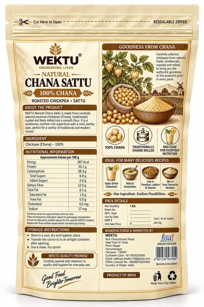 WEKTU Natural Chana Sattu 1 kg | 100% Chana | Roasted Chickpea Sattu | Resealable Zipper Pack view 2