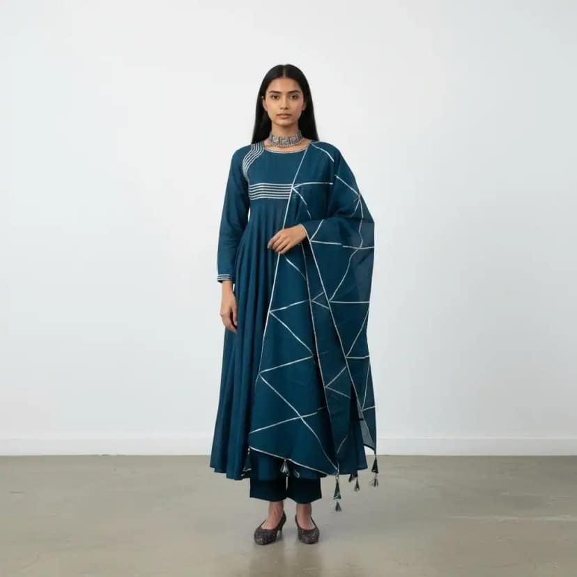Navy Blue Handloom Cotton Co-Ord Set with Gota Detailing, 3-Piece
