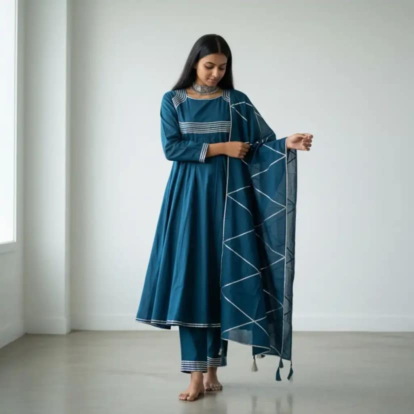 Navy Blue Handloom Cotton Co-Ord Set with Gota Detailing, 3-Piece view 2