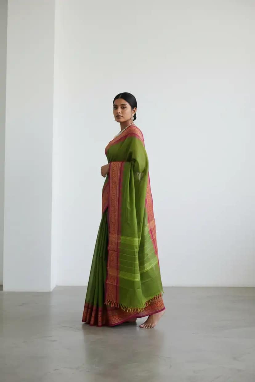 Kanchipuram Handloom Cotton-Silk Saree in Olive Green with Woven Borders