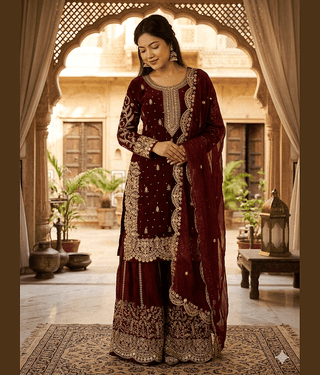 BHAGYASHRAY Women Silk Embroidered Straight Kurti With Patiala Salwar ( Maroon )