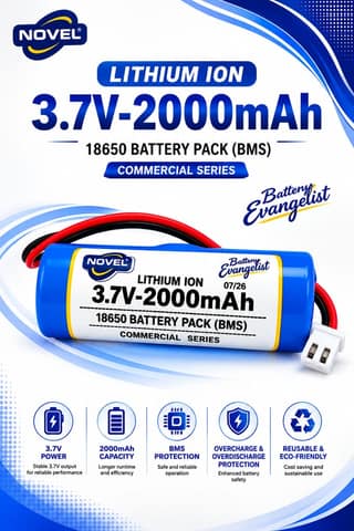NOVEL 3.7V BMS 18650 LITHIUM ION SINGLE BATTERY WITH JST 2PIN- 2000mAh