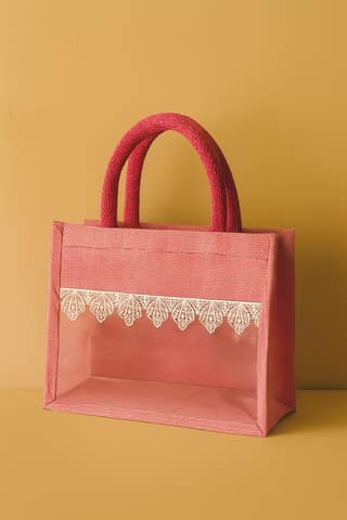 Dark Pink Jute & Net Tote Bag with Lace Detail