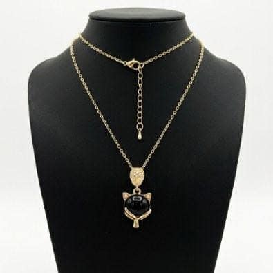 Fox Face Black Stone Pendant Necklace | Gold-Tone Anti-Tarnish Imitation Jewellery