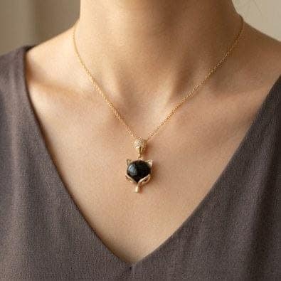 Fox Face Black Stone Pendant Necklace | Gold-Tone Anti-Tarnish Imitation Jewellery view 2