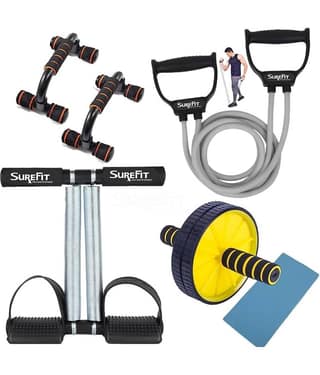ODDISH EXERCISE-KIT / Full Body Home Workout Equipment Set for Men & Women / Includes Tummy trimmer Double Spring With Comfertable Foam Grip Handle, Resistance Bands, Push-Up Bar & AB Roller / Ideal for Strength Training, Abs, and Cardio