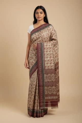 Sonepuri Cotton Saree Ivory Maroon Chariot Buti
