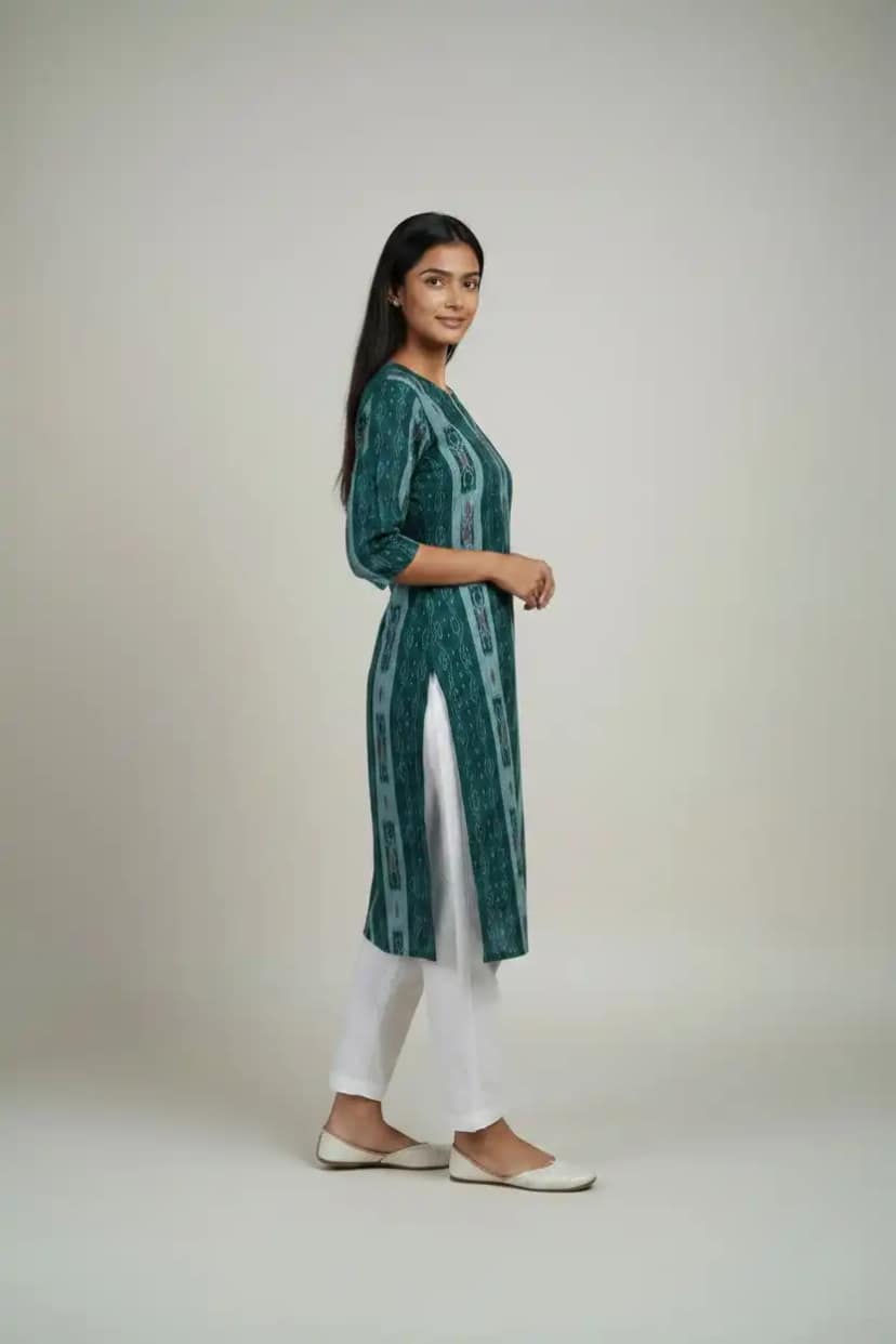 Sambalpuri Ikat Forest Green Cotton Kurti view 2