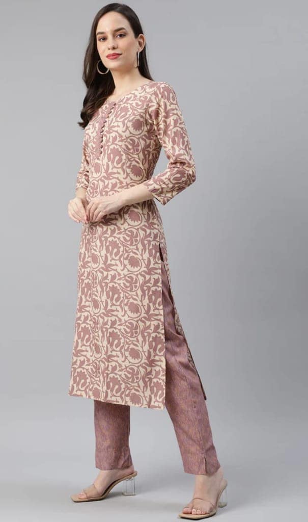 ATTIRIS Women's Plus Size Printed Round Neck 3/4th Sleeve Kurta Bottom Set, 3XL, 46inches view 2