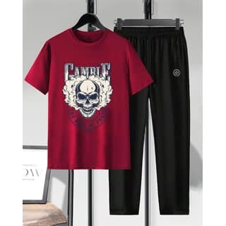 AUSK Mens Casual Graphic Print Cotton Blend Maroon & Black Summer wear Co-ords set of T-Shirt & Trakpant