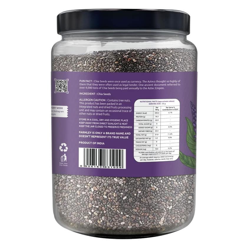 Farmley Premium Natural Chia Seeds 1 Kg, Reusable Jar | Edible Chia Seeds | Rich in Fibre Seeds | Chia Seeds for Weight Loss | Healthy Diet Snacks view 2