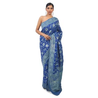 TheHangr Soft Georgette Designer Royal Blue Saree With Golden Work