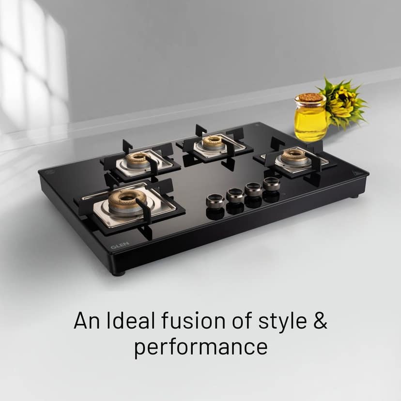 4 Burner Free Standing Glass Hob Forged Brass Burner Auto Ignition Black (BH1074SQFSFBBLAI) view 2