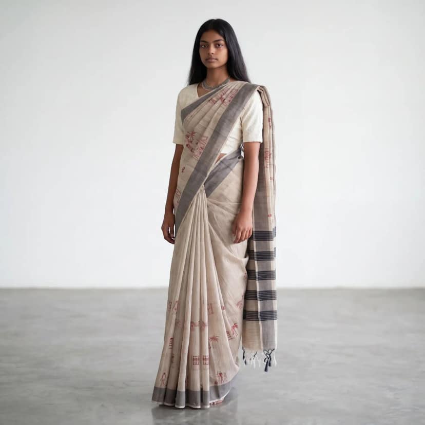 Handwoven Sambalpuri Cotton Ikat Saree in Beige with Charcoal Border view 2