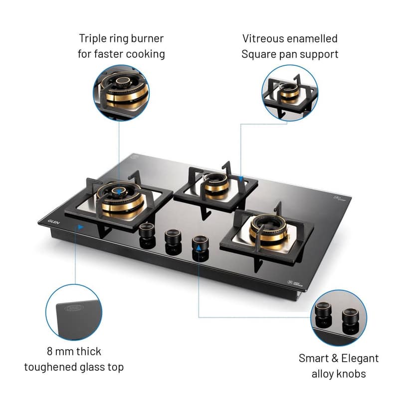 3 Burner Extra Large Glass Gas Hob Top with Triple Ring, Total Double Ring Brass Burner (1073XLCIHTTDBBL) view 2