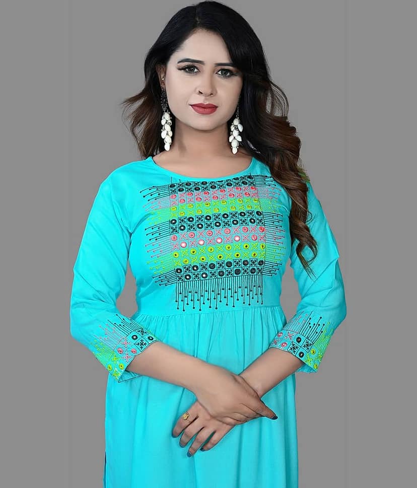 haya fashion - Turquoise Rayon Women's Straight Kurti ( Pack of 1 ) view 2
