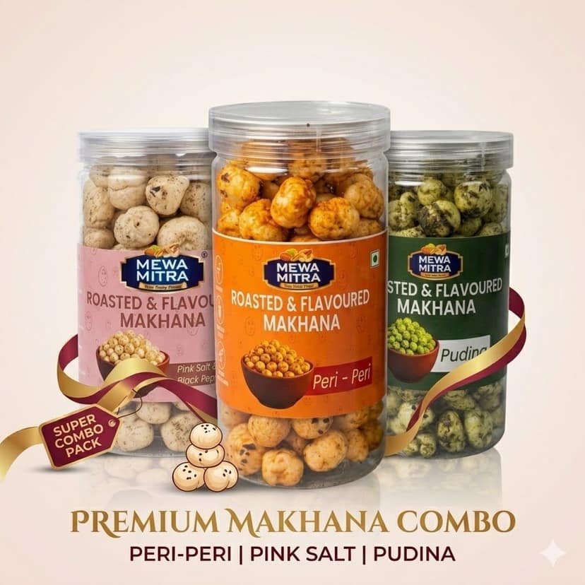 MewaMitra Makhana Combo Pack (3 x 45g) | Pudina Masala + Peri Peri + Black Pepper Pink Salt | Roasted Fox Nuts | Healthy Flavoured Snack | 135g