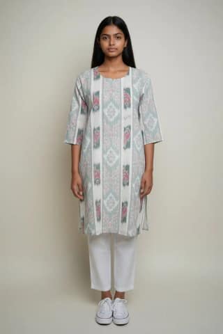 Handwoven Sambalpuri Cotton Bandha Ikat Kurti in Grey
