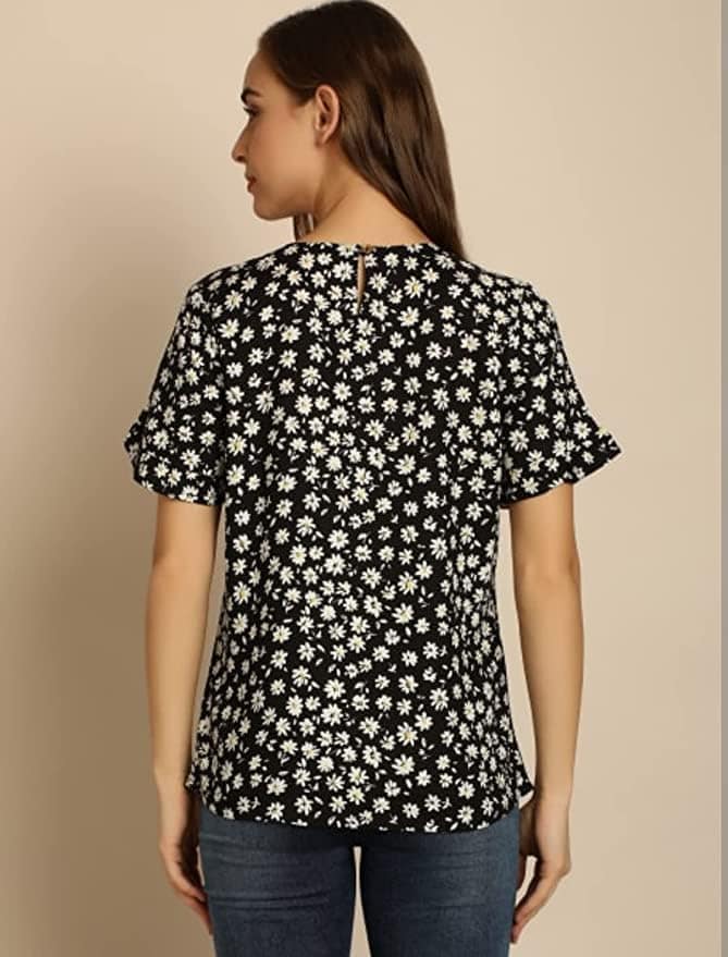 ATTIRIS Women's Rayon Floral Printed Round Neck Regular Fit Top, Black view 2