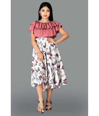 Aarya Creation Crepe Fit And Flare Dress For Girls ( Pack of 1 , Pink )