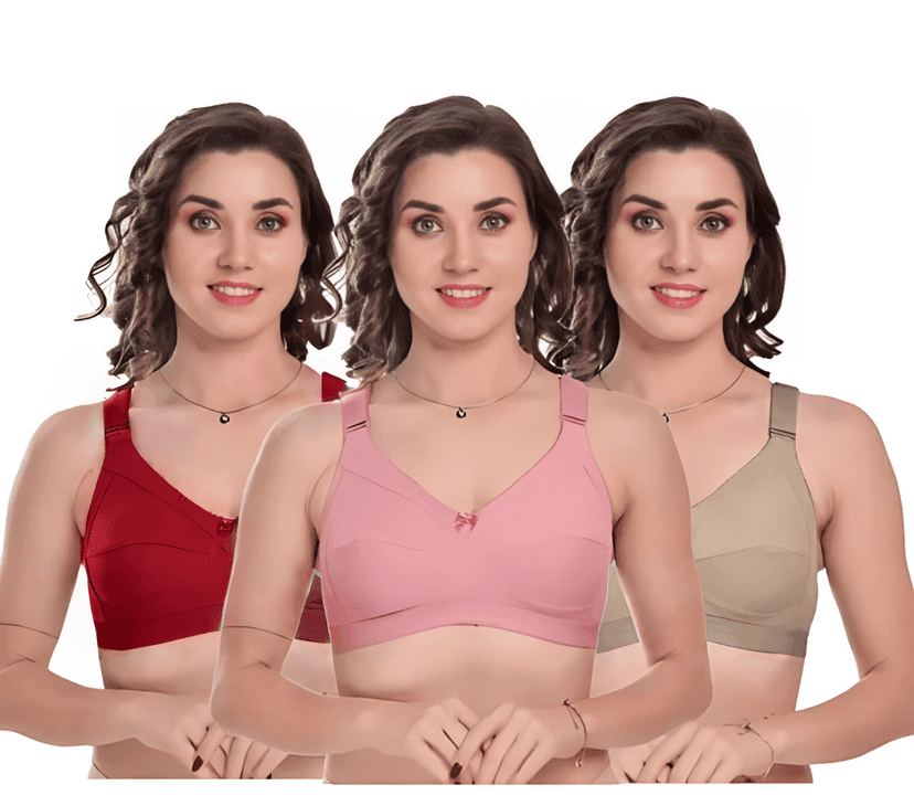 Women's Cotton Blend Non-Wired Non-Padded Wide Strap C Cup Bra for Women Everyday Bra - Pack of 3