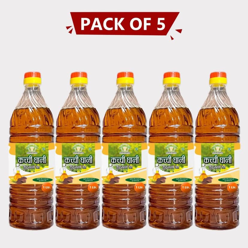 Pure Mustard Oil 5 ltr – Pack of 5 (1 Ltr × 5) by Agrobusiness Krishi Producer – Cold-Pressed, Natural & Farm-Fresh Kachhi Ghani Sarso Oil. (pack of 2)