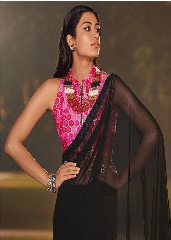 Embroidered Border Georgette Saree in Black view 2