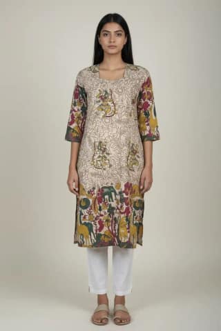 Kalamkari Print Cotton Kurti Cream Yellow Green