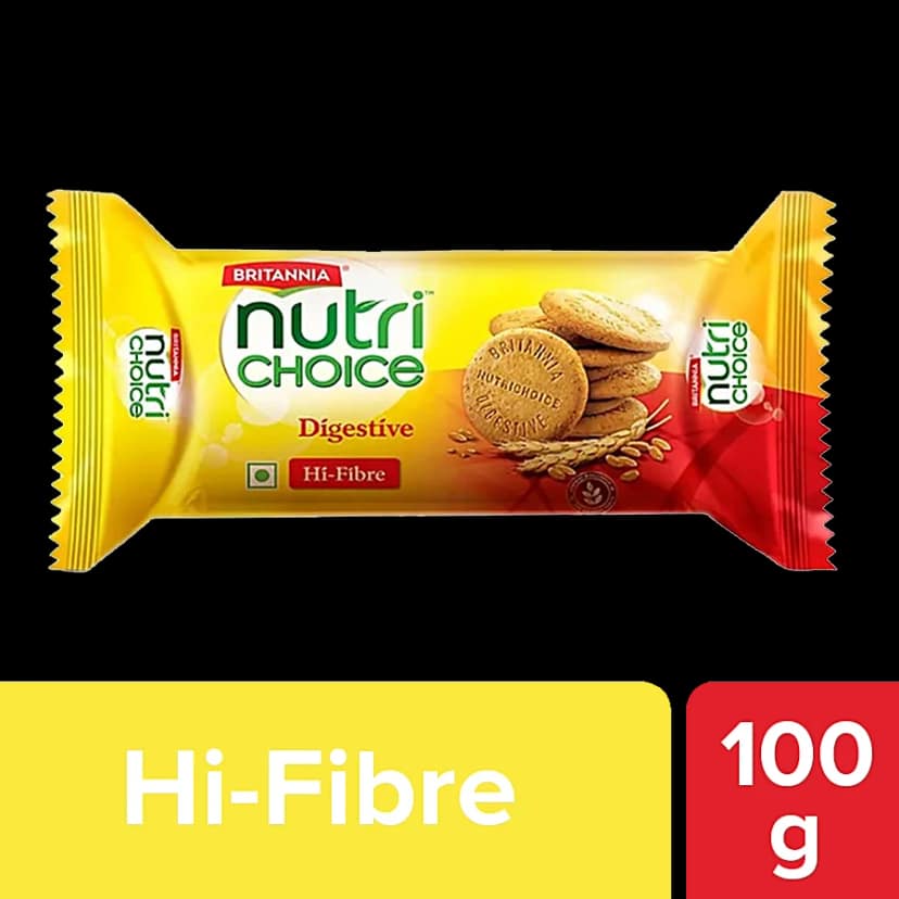 Britannia Nutrichoice Digestive High Fibre Biscuits - Made From Whole Wheat & Bran, Healthy Snack, 100 G