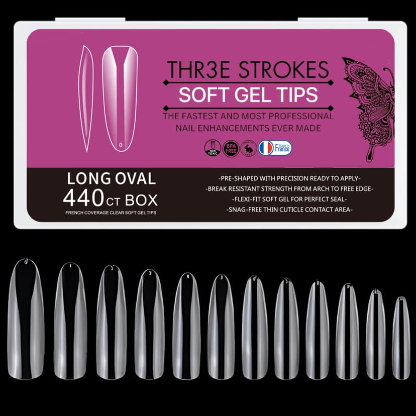 THR3E STROKES Soft Gel NailTips, Full Cover Clear Soft Nail Tips for Artificial False Nails Extension Nail Salons DIY NailArt with Box, 440PCS (LONG OVAL N8) THR3E STROKES Soft Gel NailTips, Full Cover Clear Soft Nail Tips for Artificial False Nails Exte
