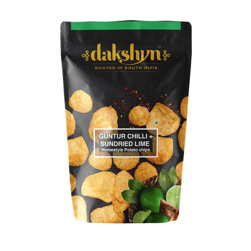 Dakshyn Homestyle Potato Chips - Guntur Chilli & Sundried Lime (60g x 4 pack) | "Narthangai" Citron Pickle | Premium South Indian Kettle Chips view 2