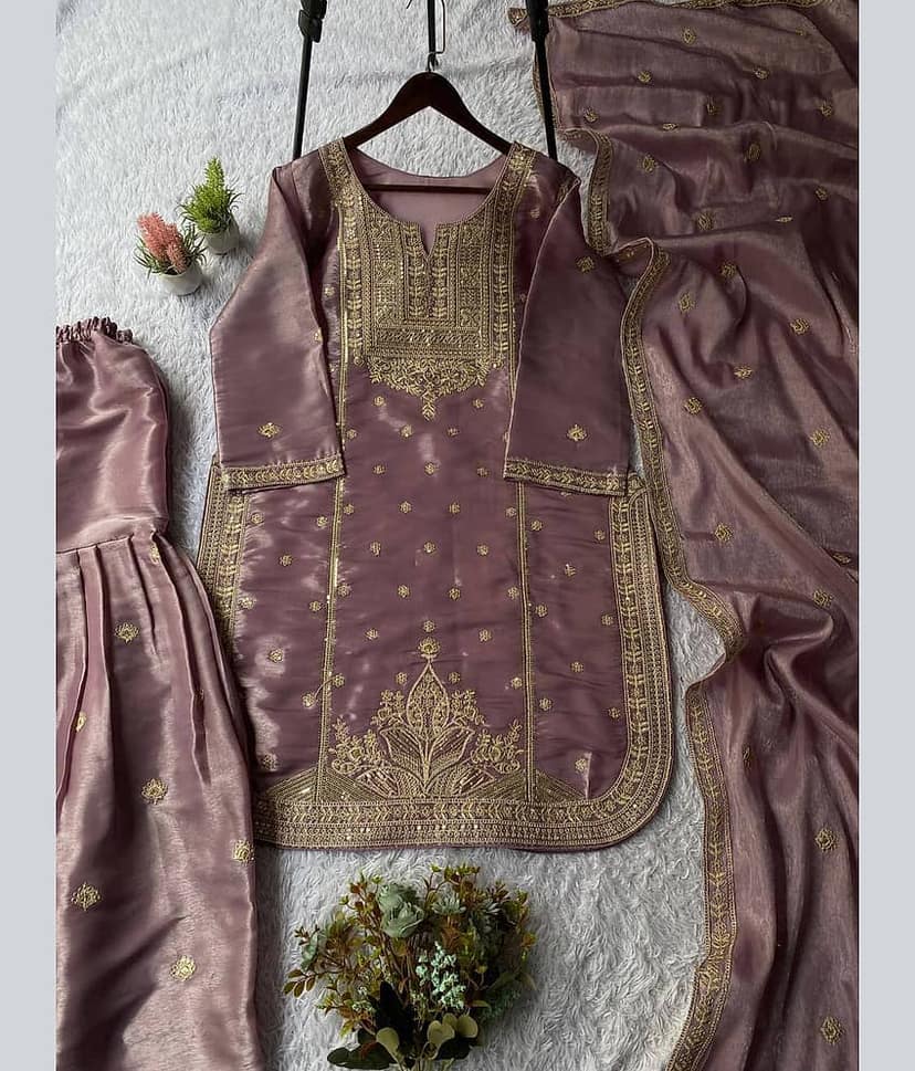 BHAGYASHRAY Women Silk Embroidered Ethnic Motifs Kurti With Patiala Salwar ( Purple )
