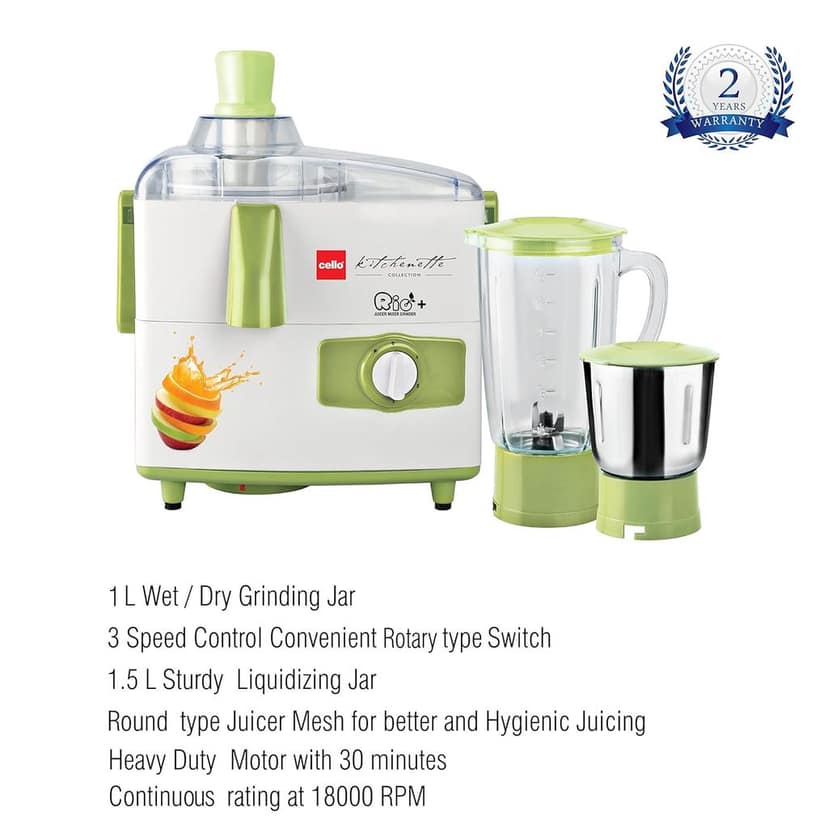 Cello Jmg Rio Plus 500-Watt Juicer Mixer Grinder with 2 Jars (Green/White) - 500 Watts view 2