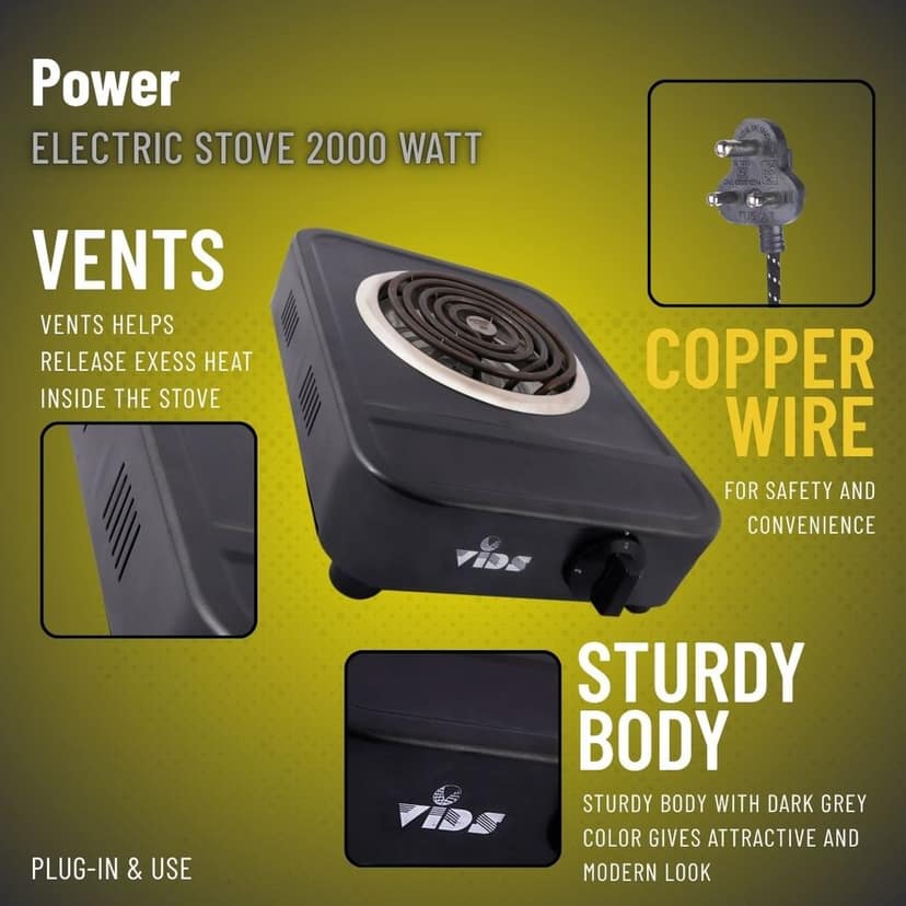 Electric Stove 2000 Watt / Electric Cooking Heater / G Coil Hot Plate Cooking Stove / Induction Cooktop (Mild Steel Body) (1 Burner) by VIDS view 2