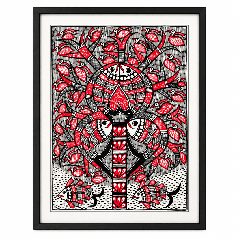 Handmade Acrylic Painting - Framed 'Tree of Fish' Wall Art for Home Decor and Gifting