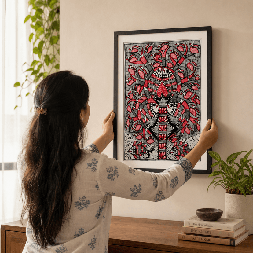 Handmade Acrylic Painting - Framed 'Tree of Fish' Wall Art for Home Decor and Gifting view 2