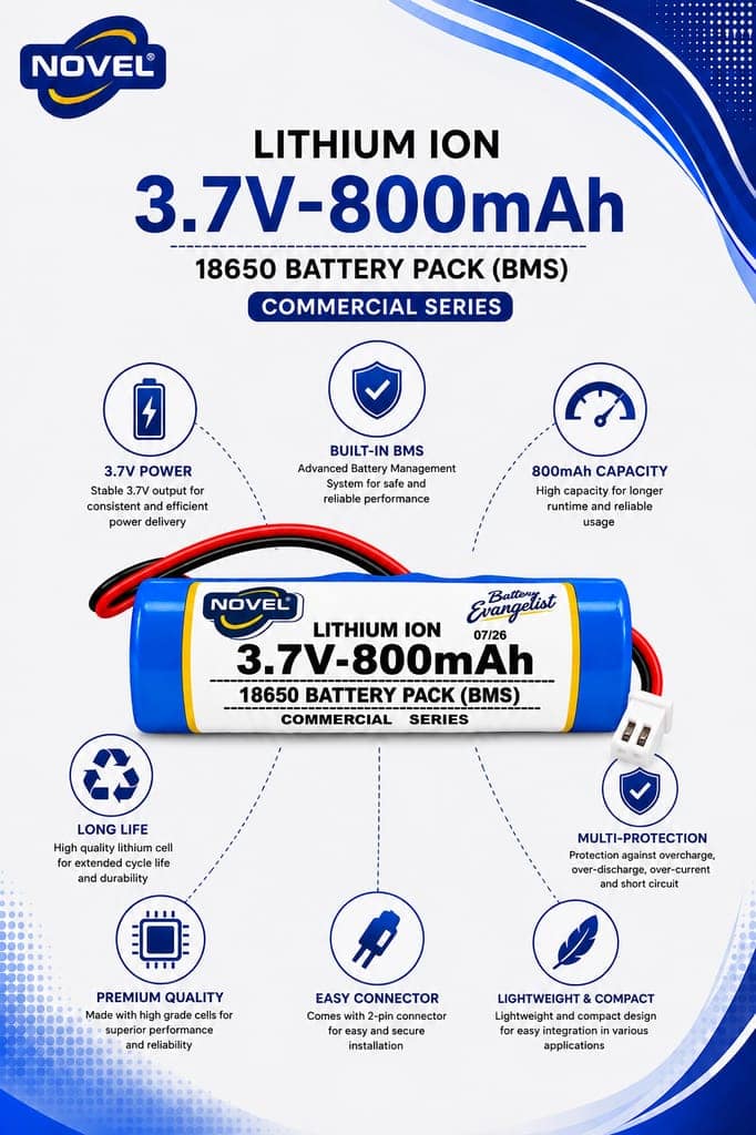 NOVEL 3.7V BMS 18650 LITHIUM ION SINGLE BATTERY WITH JST 2PIN- 800mAh view 2