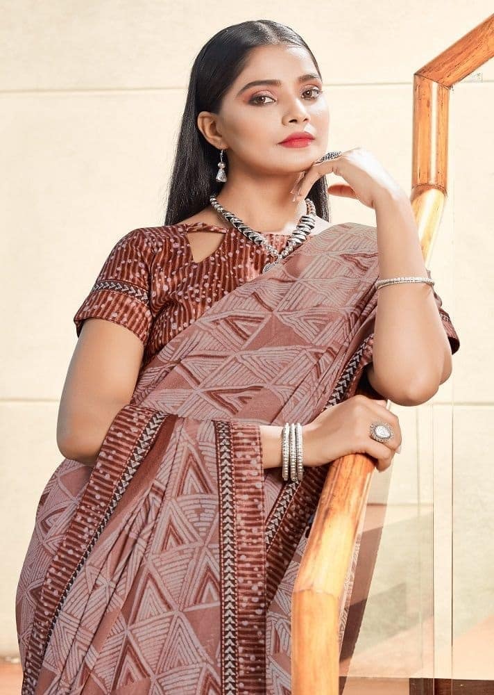 Digital Printed Georgette Saree in Brown view 2