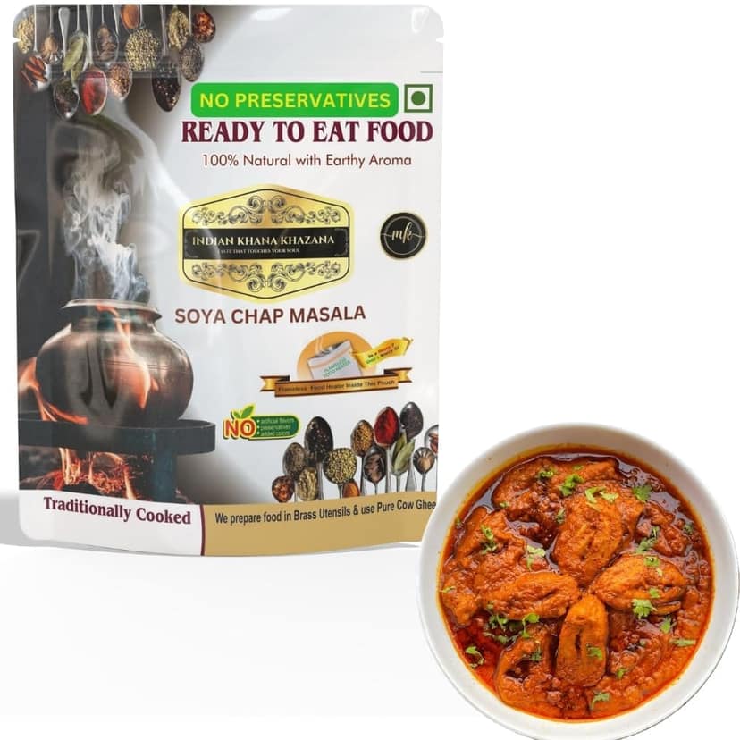 INDIAN KHANA KHAZANA Ready to eat Soya Chap Masala | No Added Preservative and Colours ( Soya )Serve Hot Anytime Anywhere with our Flameless Food Heater inside the Pack | Indian Tasty Flavour Ready to Eat Food Soya Chap Masala
