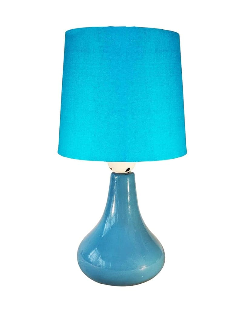 Modern Small Ceramic LED Table Lamp, Classic Bedside Desk Lamp For Living Room Bedroom, Farmhouse Nightstand Lamps With Fabric Shade (Blue) view 2