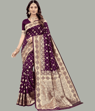 GARIYA Banarasi Silk Embellished Saree With Unstitched Blouse Piece ( Wine )
