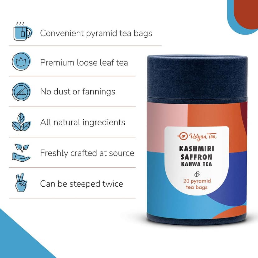 Udyan Tea Kashmiri Kahwa Green Tea Bags, 20 Pyramid Tea Bags | 100% Natural Whole Leaf Tea with Herbs & Spices view 2