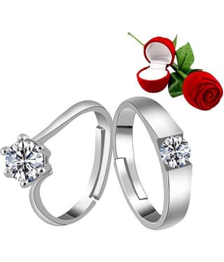 Silver Plated Adjustable Couple Rings Set for lovers Ring with 1 Piece Red Rose Gift Box for Men and Women