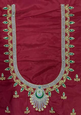 Lakshmi Computer Embroidery Designs - Red and green embroidered blouse - Un Stiched Blouse - 1 Meter