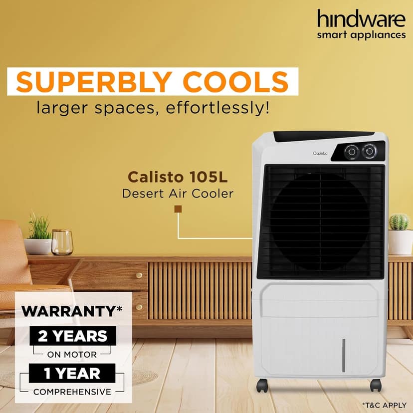 Hindware Smart Appliances Calisto 105L, Desert Air Cooler with Woodwool Pads, Inverter Compatible, Castor wheels and motorized air flow control & High Air Delivery (White & Black) view 2