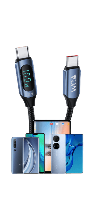 Walk On Air Fast Charging Type C LED Display cable |USB C to USB C |5A PD 100W 480Mbps Data Sync Nylon Braided Cable 1M length (blue Color) for Mobile Phones, Laptops, Tablets, and More