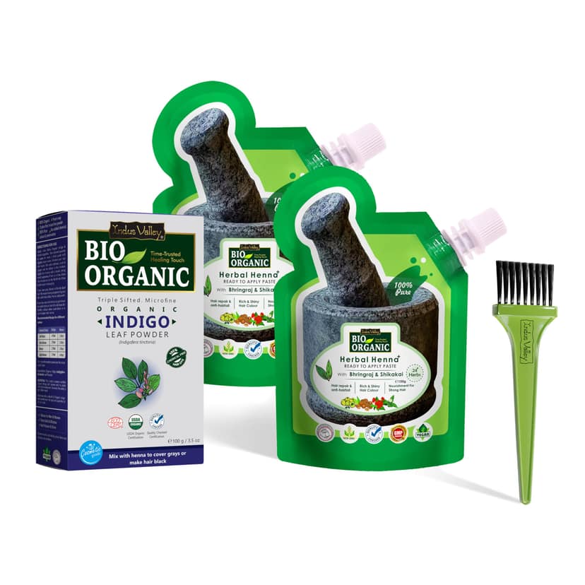 Indus Valley Bio Organic Herbal Henna Paste, 150g Pack of 2 with Indigo Powder 100g and Applicator Brush Indus Valley Bio Organic Herbal Henna Paste, 150g Pack of 2 with Indigo Powder 100g and Applicator Brush - Henna Paste + Indigo Powder + Applicator B