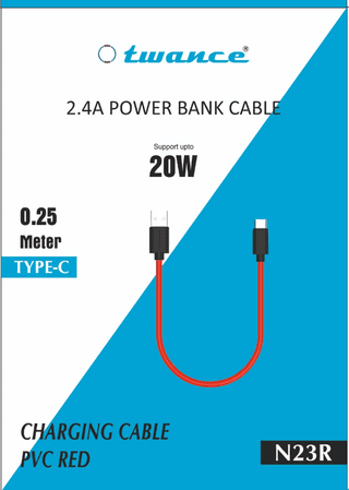 Twance N23R TPE - USB to Type C ,2.4A charging Cable,0.25 Meter (Power Bank Cable), Red Color