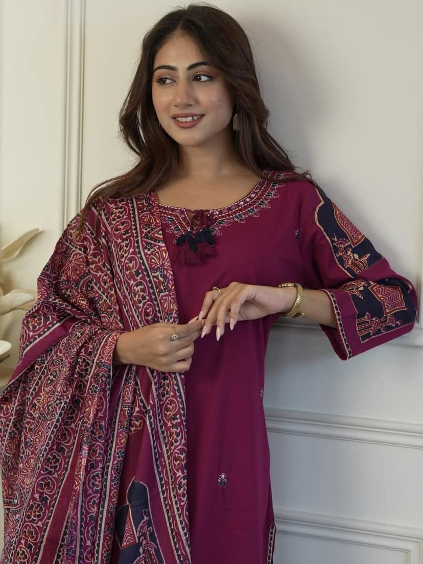 Cotton Embroidered Kurta Set with Dupatta view 2