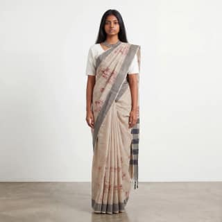 Handwoven Sambalpuri Cotton Ikat Saree in Beige with Charcoal Border